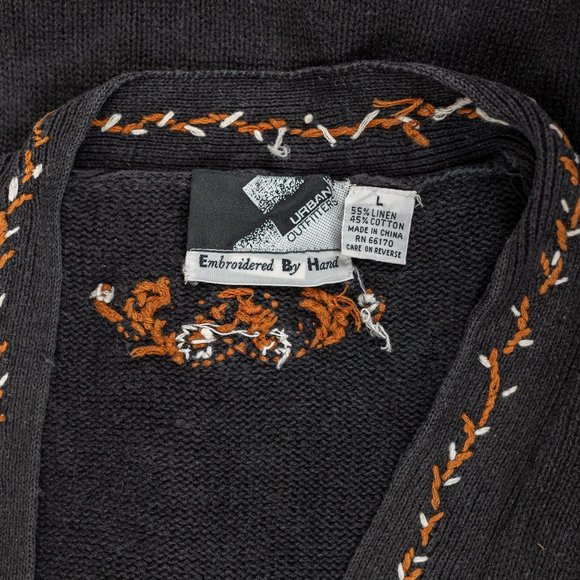 Vintage Urban Outfitters Linen/Cotton Cardigan Sweater Black Brown Floral Embroi - Picture 3 of 3